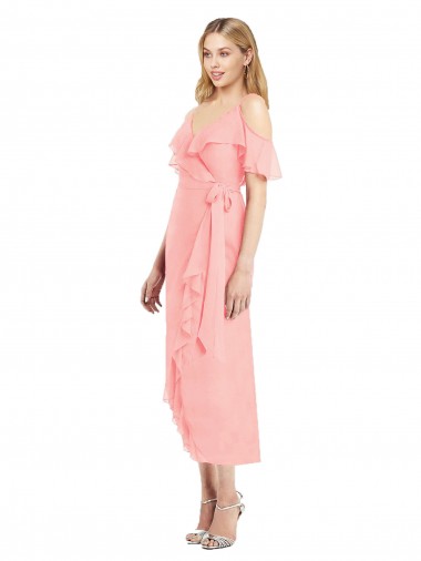 Discount Cocktail Wrap Chiffon Bridesmaid Dress with Fluttering Ruffles