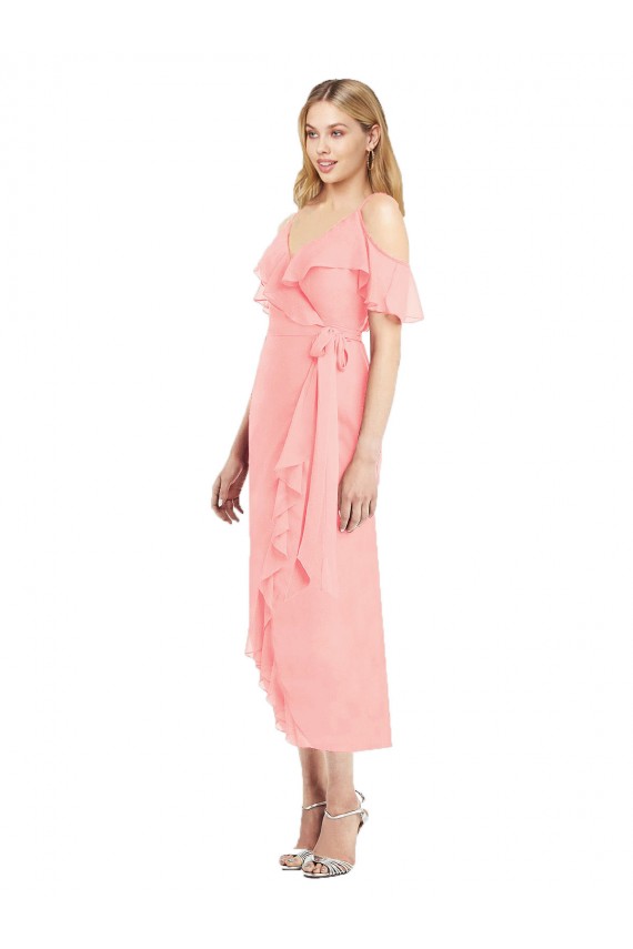 Discount Cocktail Wrap Chiffon Bridesmaid Dress with Fluttering Ruffles