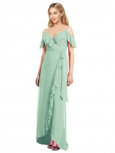 Discount High Low Off the Shoulder Wrap Chiffon Bridesmaid Dress 