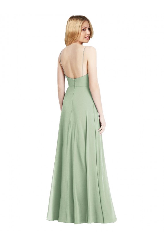 Discount Sleek Spaghetti Straps Low Back Square Neck Maxi Formal Chiffon Bridesmaid Dress