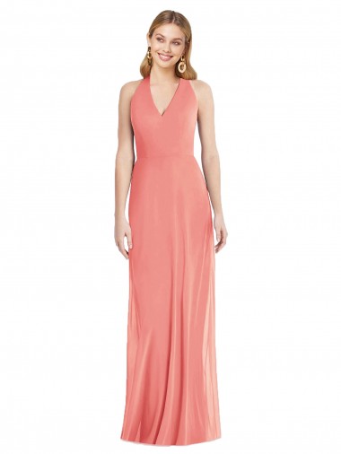 Discount V-Neck Halter Chiffon Maxi Formal Bridesmaid Dress Open Back