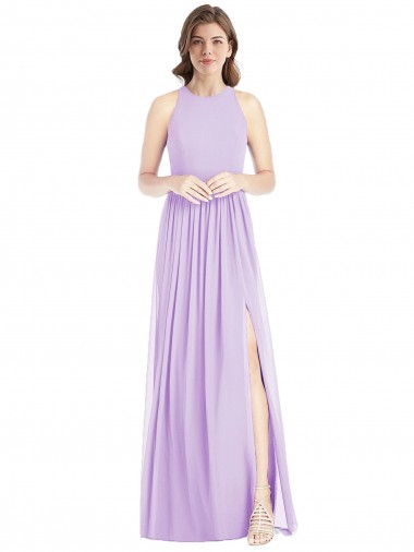 Discount Shirred Skirt Jewel Neck Halter Chiffon Bridesmaid Dress with Front Slit