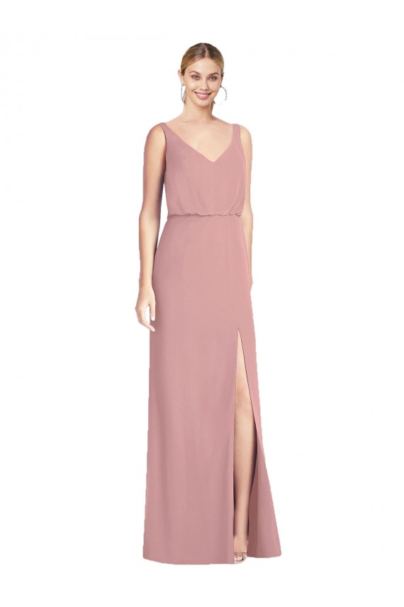 Discount Blouson Bodice Chiffon Bridesmaid Dress with Front Slit