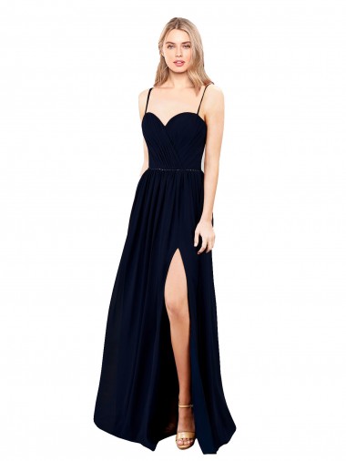 Discount Draped A-Line Chiffon Formal Bridesmaid Dress with Spaghetti Straps and High Slit