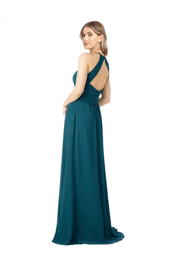 Discount Draped High Neck Keyhole Back Bridesmaid Dress with Front Slit