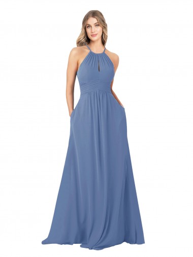 Discount Draped High Neck Keyhole Back Bridesmaid Dress with Front Slit