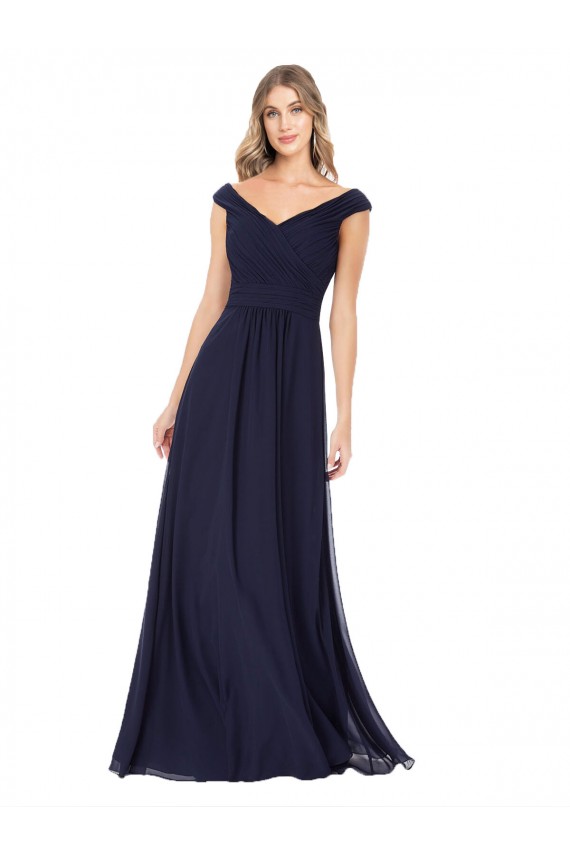 Discount Off the Shoulder Classic Chiffon Bridesmaid Dress with Draped Bodice
