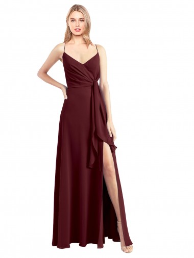 Discount Spaghetti Straps V-Neck Long Chiffon Bridesmaid Dress with Side Slit
