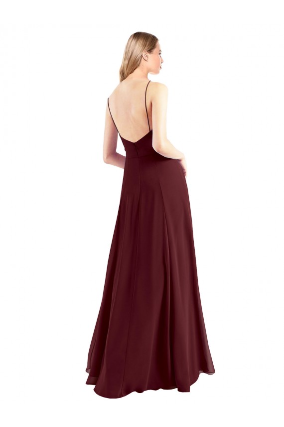 Discount Spaghetti Straps V-Neck Long Chiffon Bridesmaid Dress with Side Slit