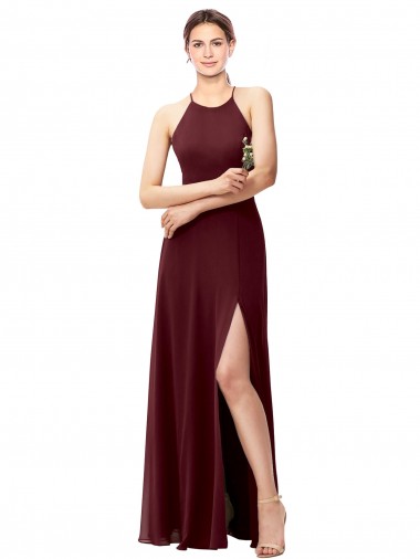 Discount Slim Long High Halter Neck Chiffon Bridesmaid Dress with High Side Slit
