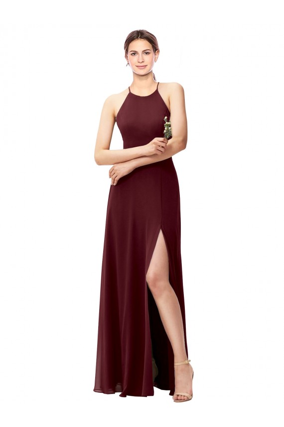 Discount Slim Long High Halter Neck Chiffon Bridesmaid Dress with High Side Slit