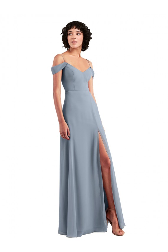 Discount Off the Shoulder Folded Sleeve Long Chiffon Bridesmaid Dress with High Side Slit