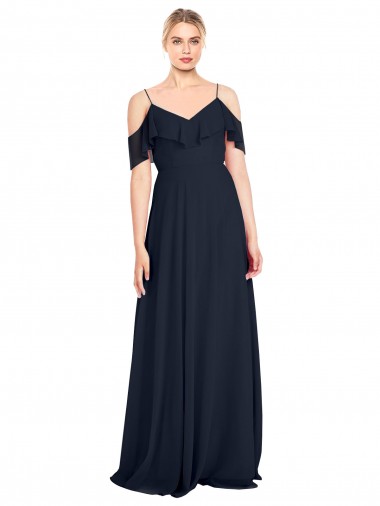 Discount Draped Sleeves Flounce Neckline Long Chiffon Bridesmaid Dress with Spaghetti Straps
