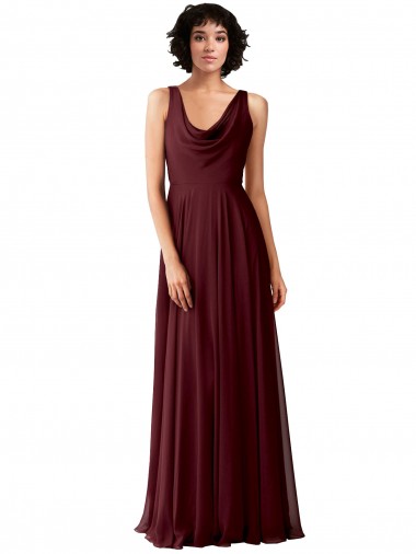 Discount Draped Cowl Neck Long Chiffon Bridesmaid Dress with Wide Straps