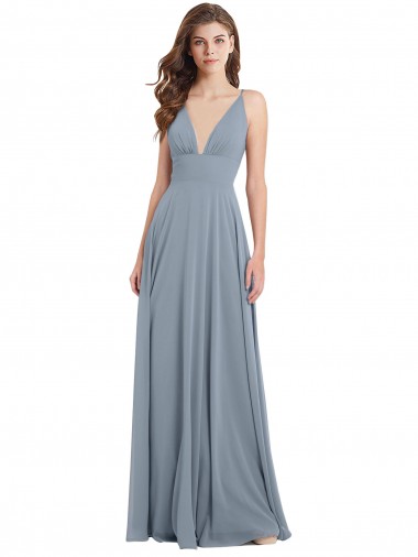 Discount Fitted V-Neckline Long Chiffon Bridesmaid Dress with V-Back