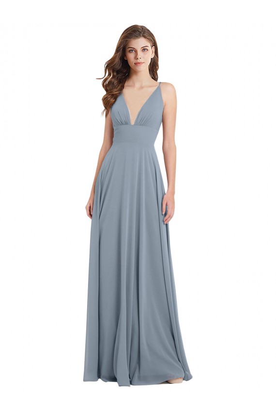 Discount Fitted V-Neckline Long Chiffon Bridesmaid Dress with V-Back