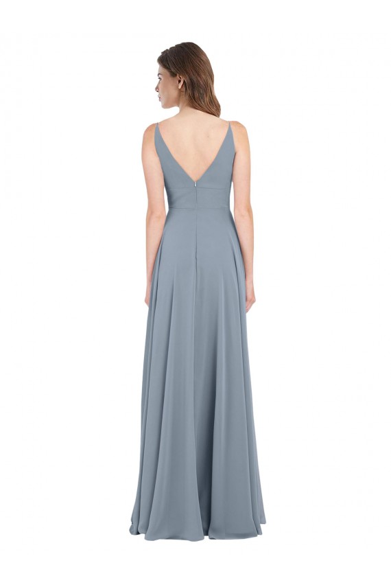 Discount Fitted V-Neckline Long Chiffon Bridesmaid Dress with V-Back