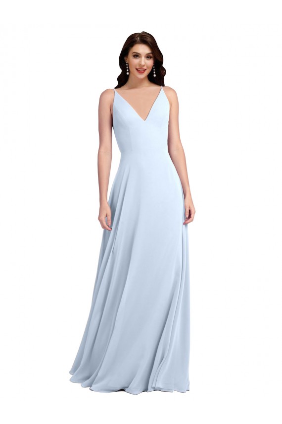 Discount Long Floor Length V-Neck Chiffon Bridesmaid Dress with Keyhole Back