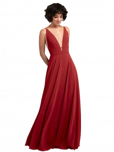 Discount Fitted Plunging Deep V-Neck Long Chiffon Bridesmaid Dress with V-Back