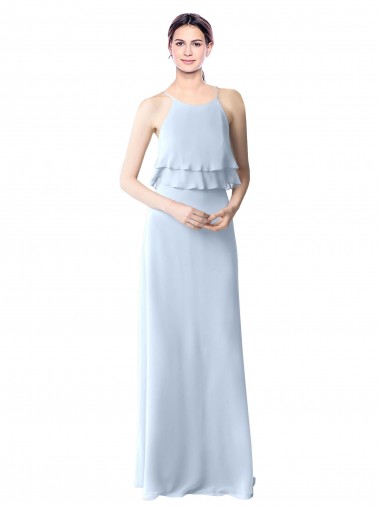 Discount High Narrow Neck Long Chiffon Bridesmaid Dress with Tiered Ruffles
