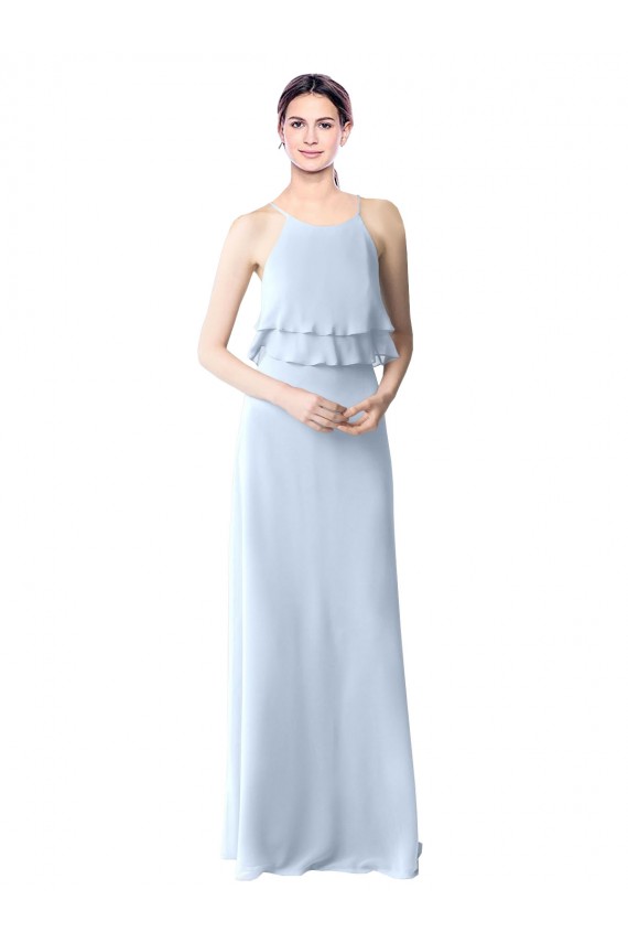 Discount High Narrow Neck Long Chiffon Bridesmaid Dress with Tiered Ruffles