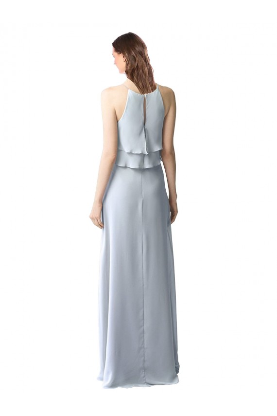 Discount High Narrow Neck Long Chiffon Bridesmaid Dress with Tiered Ruffles
