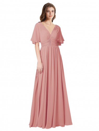 Discount Flutter Sleeves Plunging V-Neck Boho Chiffon Bridesmaid Dress