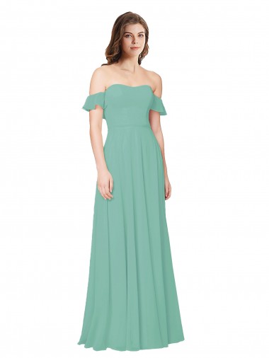 Discount Flounce Sleeves Off the Shoulder Long Chiffon Bridesmaid Dress