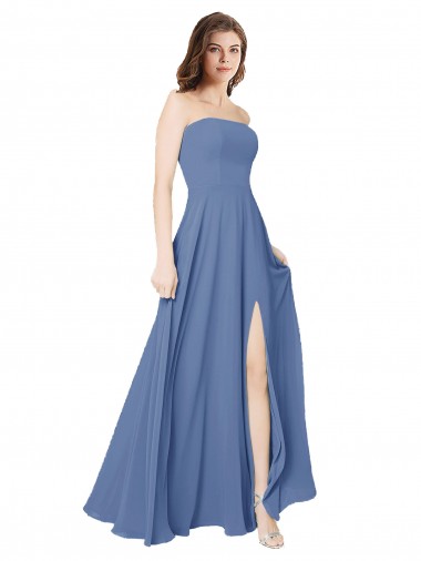 Discount Strapless Long Chiffon Bridesmaid Dress with Front Slit