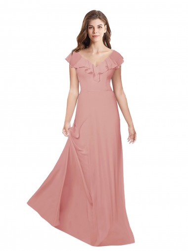 Discount Flounced V Neckline Flutter Sleeves Chiffon Bridesmaid Dress