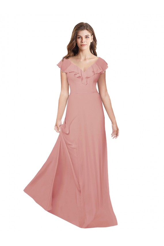 Discount Flounced V Neckline Flutter Sleeves Chiffon Bridesmaid Dress