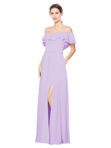 Discount Ruffled Off the Shoulder Long Chiffon Bridesmaid Dress with Slit