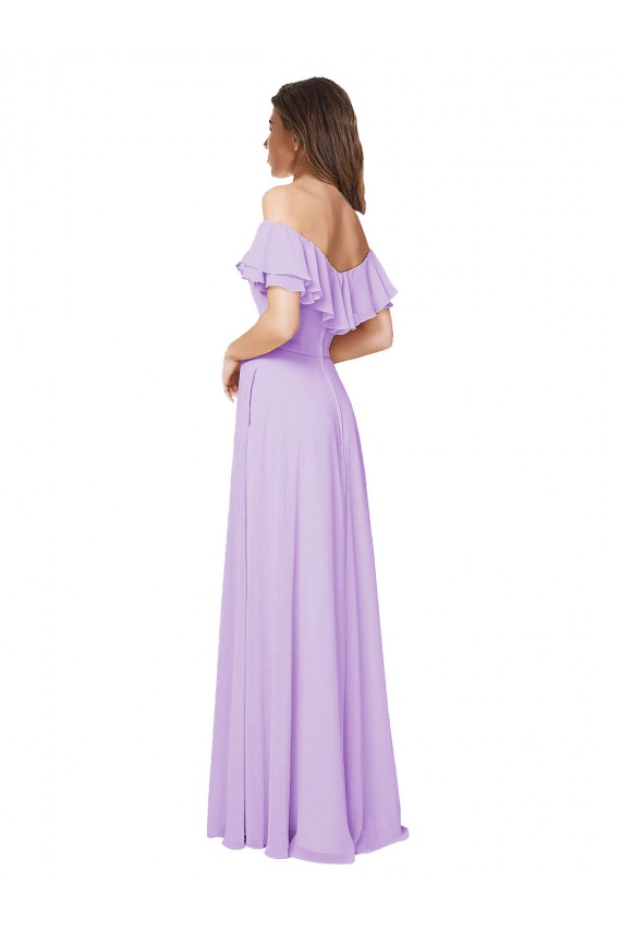 Discount Ruffled Off the Shoulder Long Chiffon Bridesmaid Dress with Slit