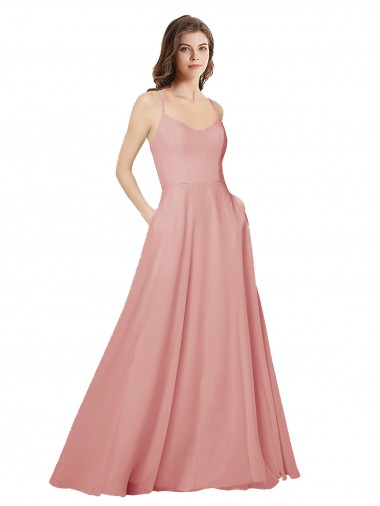 Discount Open Back Wide Tie Band Long Chiffon Bridesmaid Dress with Pockets
