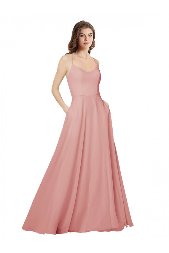 Discount Open Back Wide Tie Band Long Chiffon Bridesmaid Dress with Pockets