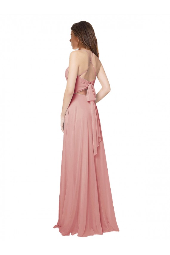 Discount Open Back Wide Tie Band Long Chiffon Bridesmaid Dress with Pockets