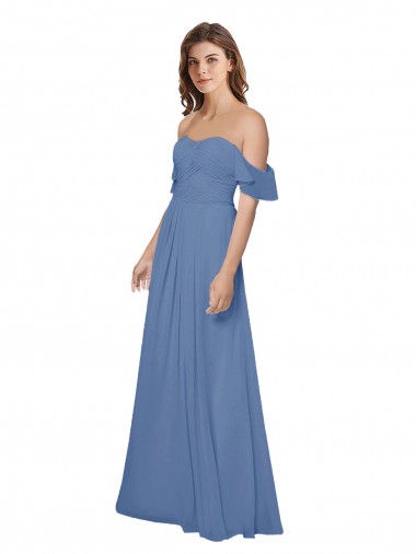 Discount Flutter Sleeves Scoop Neck Off the Shoulder Long Chiffon Bridesmaid Dress
