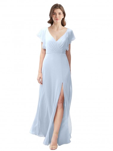 Discount Flutter Sleeves Long Chiffon Bridesmaid Dress with Daring Open Back and Side Slit