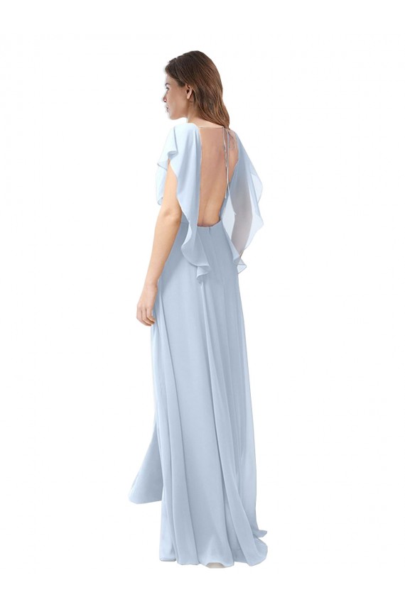 Discount Flutter Sleeves Long Chiffon Bridesmaid Dress with Daring Open Back and Side Slit