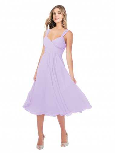 Discount Draped Midi Length Chiffon Cocktail Bridesmaid Dress with Ruched Bodice