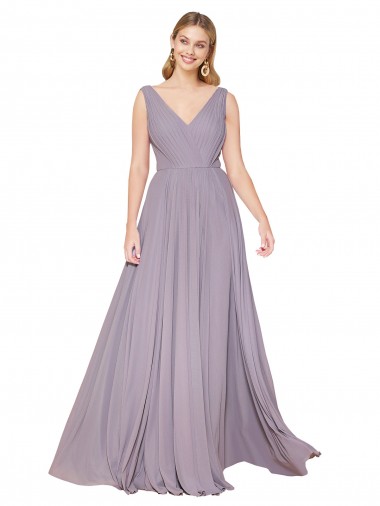 Discount Draped Floor Length High Neck V-Back Chiffon Bridesmaid Dress / Formal Prom Dress with Shirred Bodice