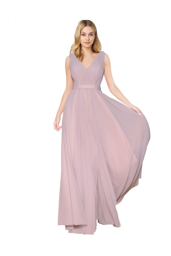 Discount Draped V-Neck Long Chiffon Bridesmaid Dress / Formal Prom Dress with Shirred Bodice