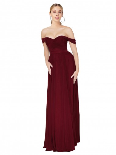 Discount Shirred Sweetheat Neckline Off the Shoulder Long Chiffon Bridesmaid Dress / Formal Prom Dress