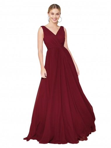 Discount Draped A-Line V-Neck Floor Length Chiffon Bridesmaid Dress / Formal Prom Dress