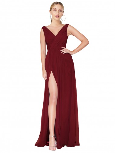 Discount Draped Mermaid Long V-Neck Chiffon Bridesmaid Dress / Formal Prom Dress with High Slit