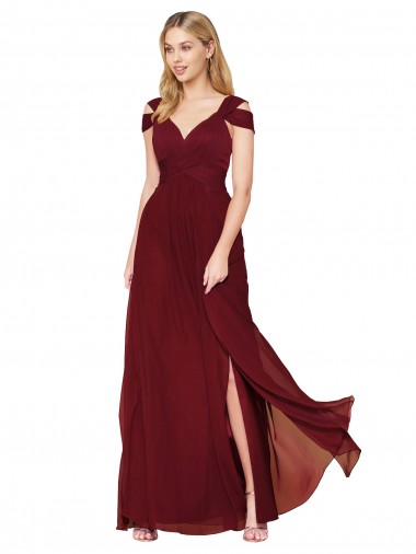 Discount Off the Shoulder Long Chiffon Bridesmaid Dress / Formal Prom Dress with Side Slit