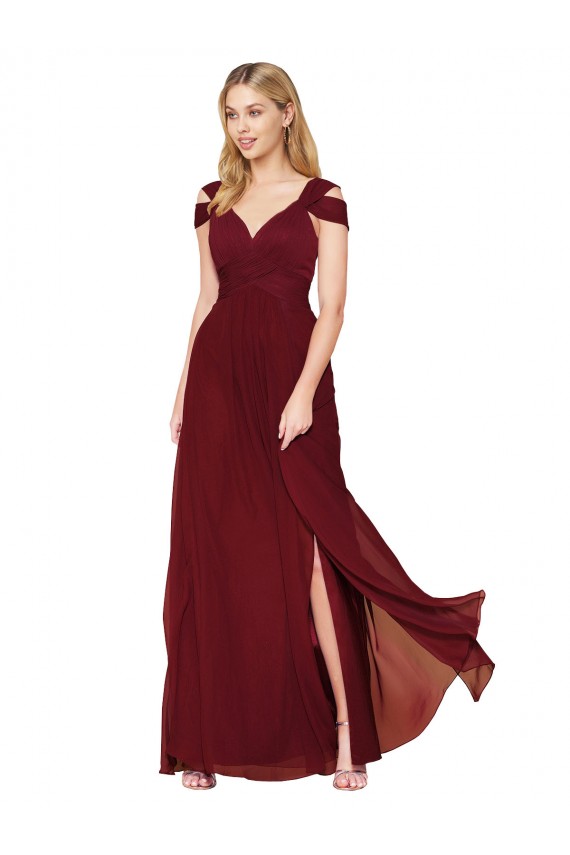 Discount Off the Shoulder Long Chiffon Bridesmaid Dress / Formal Prom Dress with Side Slit