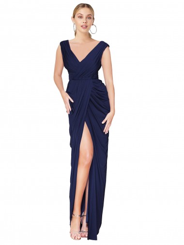 Discount Draped V-Neck Long Chiffon Bridesmaid Dress / Formal Prom Dress with Front Slit