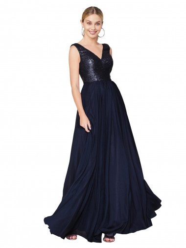 Discount High Neck V-Neck Long Chiffon Bridesmaid Dress / Prom Dress with Sequin Top