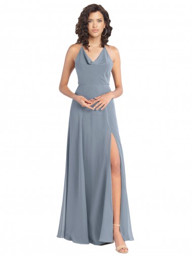 Discount Slim A-Line Cowl Neck Long Chiffon Bridesmaid Dress with Side High Slit